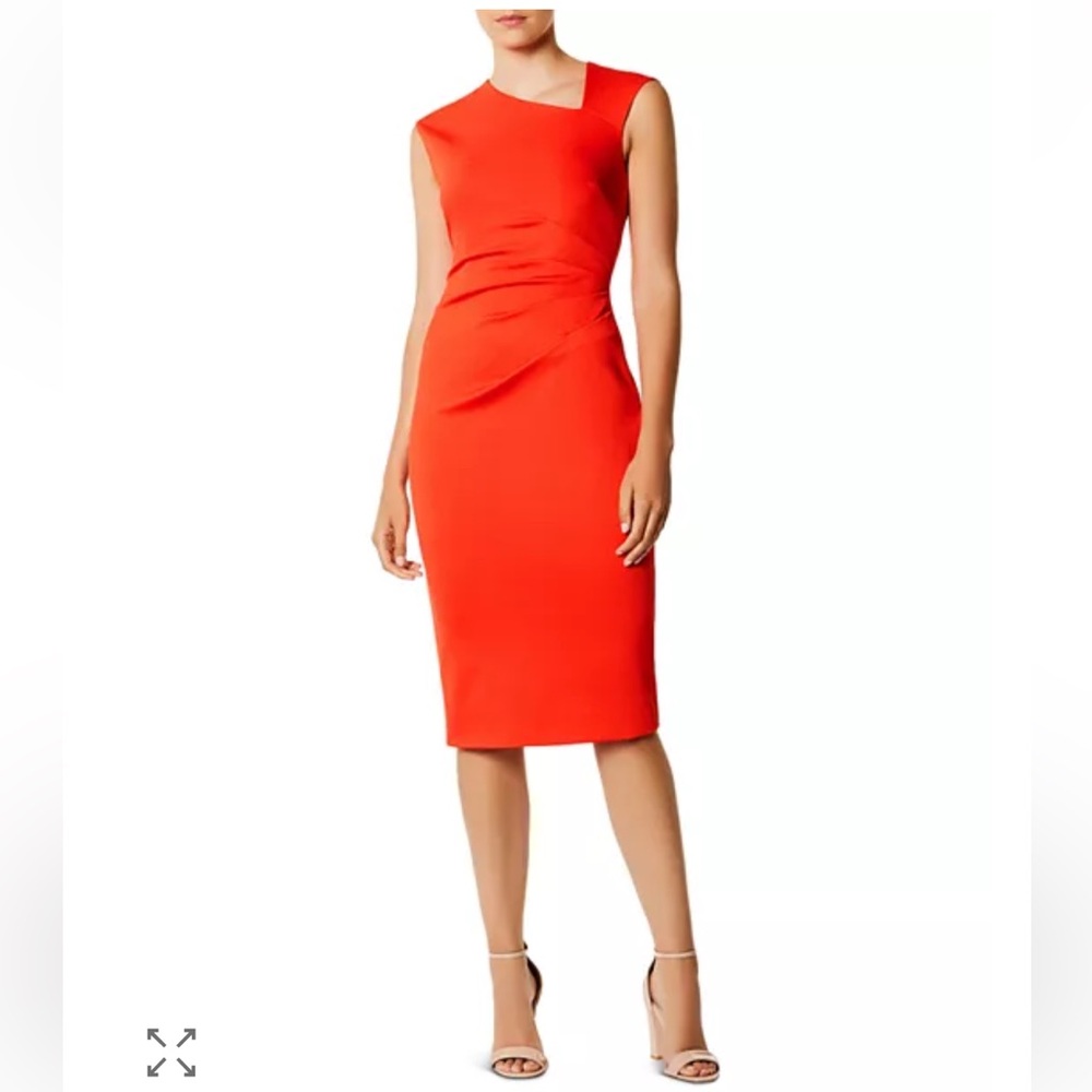 NWT Karen Millen Asymmetric Ruched Sheath Dress in Vibrant Orange - 4